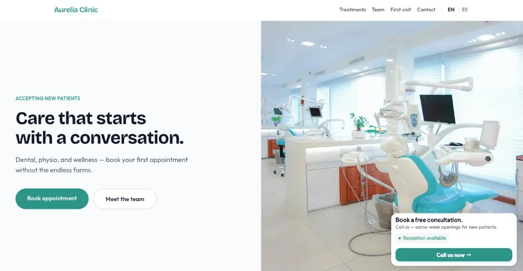 Desktop Aurelia Clinic demo with a phone call popup in the corner
