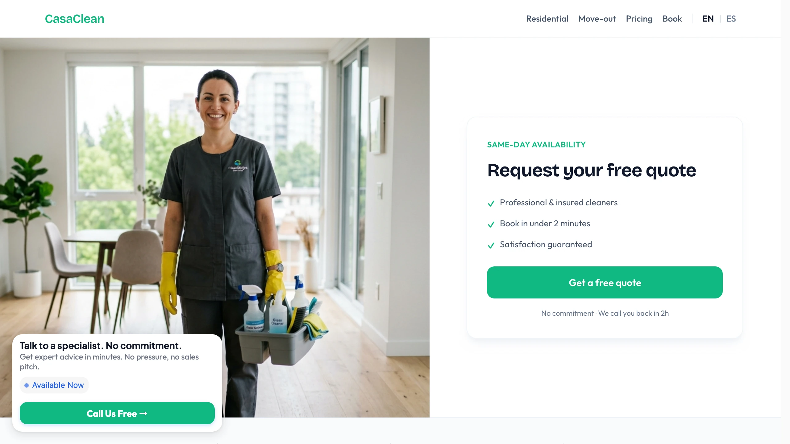 Desktop CasaClean demo with a Call Us Free popup