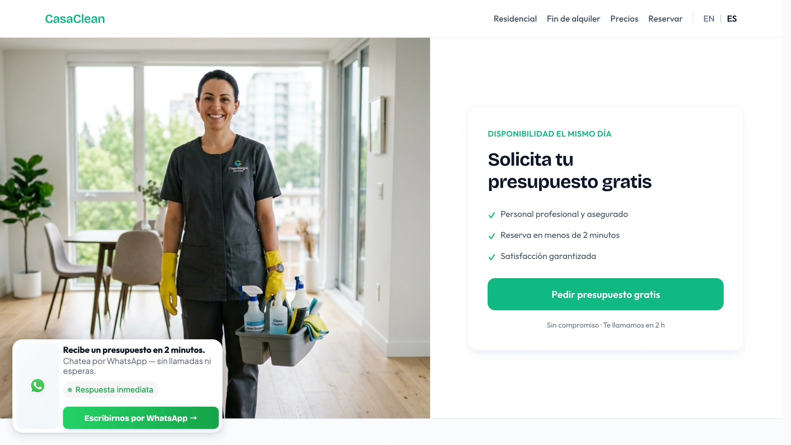 Demo desktop de CasaClean con popup de WhatsApp