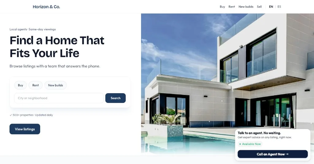 Desktop Horizon & Co. demo with a Call an Agent Now popup