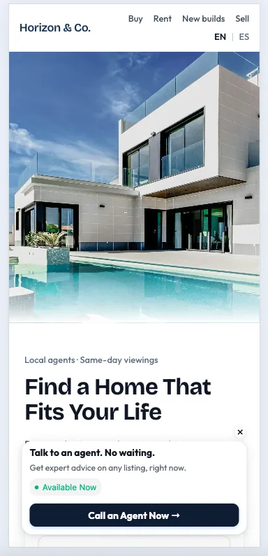 Mobile Horizon & Co. demo with a Call an Agent Now popup