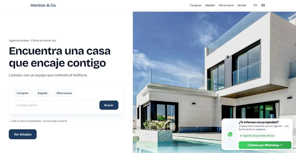 Demo desktop de Horizon & Co. con popup de WhatsApp