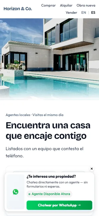 Sitio móvil de Horizon & Co. con popup de WhatsApp inmobiliario