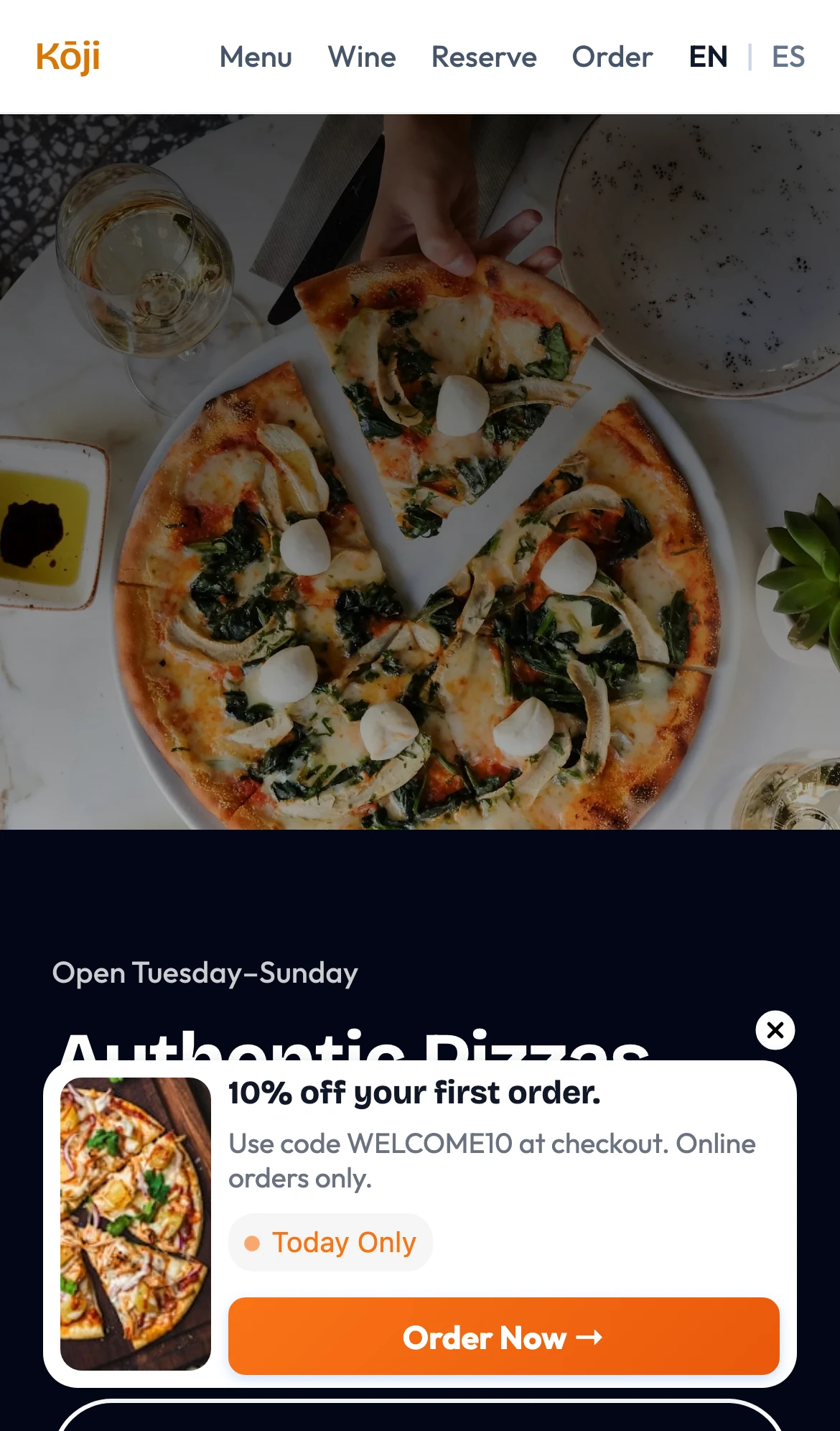 Mobile Kōji restaurant site with an Order Now popup
