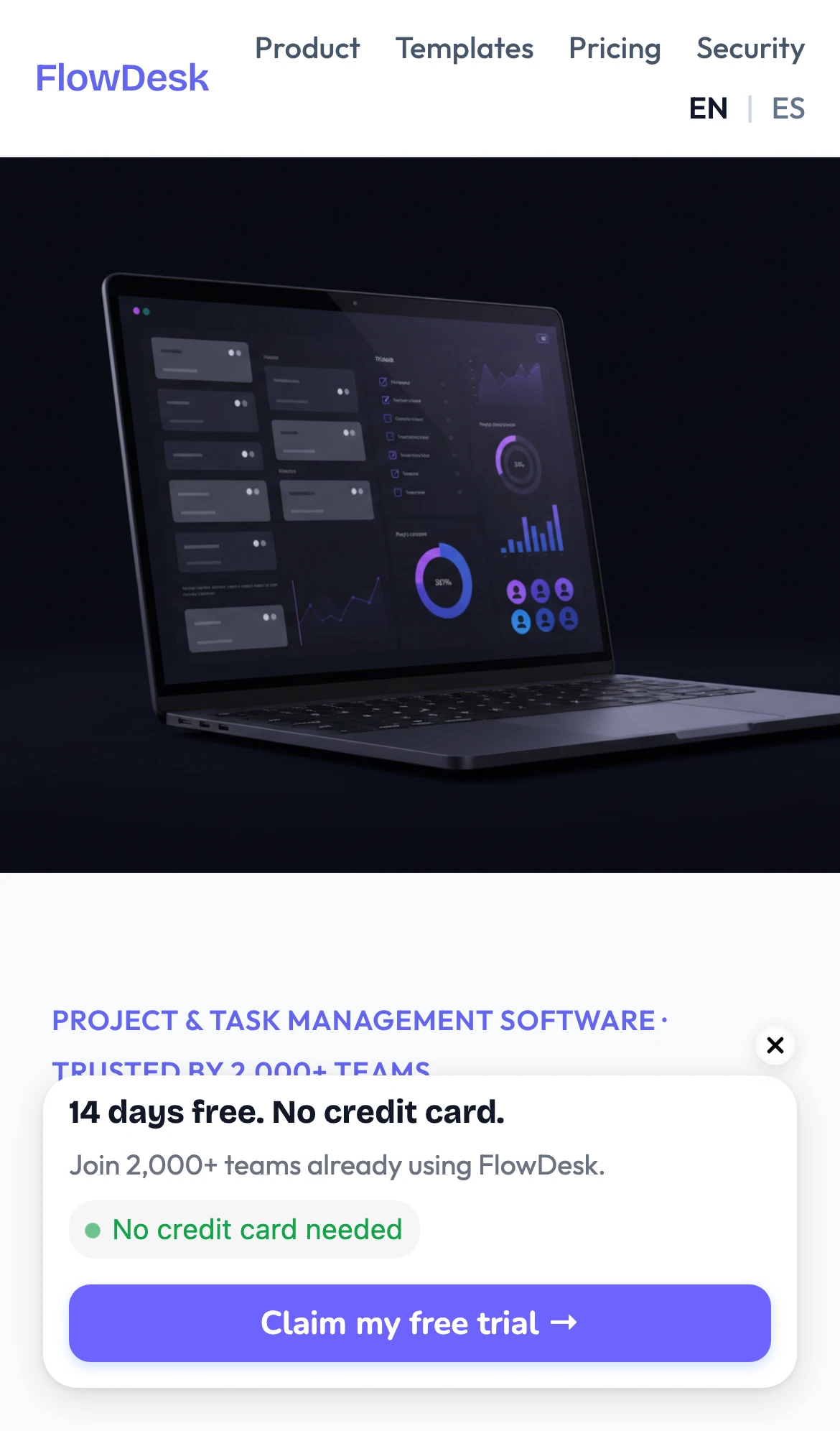 Mobile FlowDesk SaaS site with a free trial popup