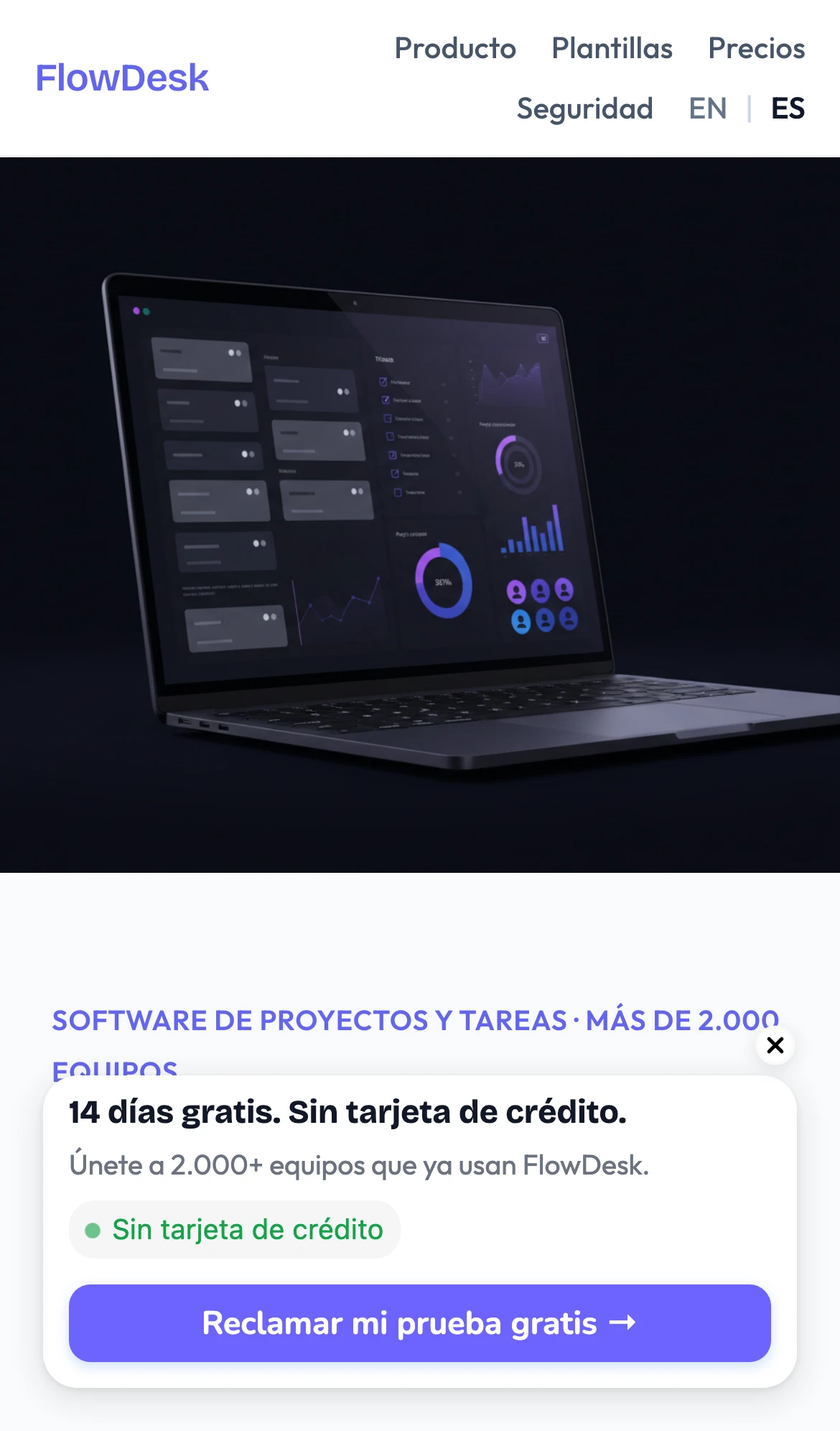 Sitio móvil de FlowDesk con popup de prueba gratis