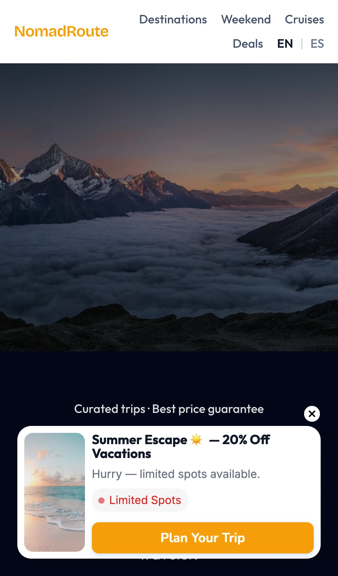 Mobile NomadRoute site with a summer escape deal popup